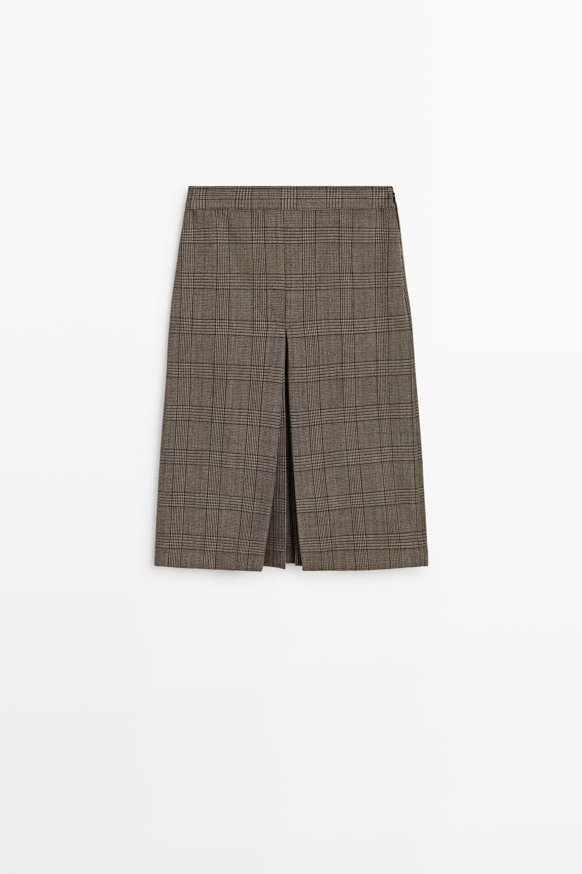 100% wool check midi skirt with pleat detail - GREY | Massimo Dutti US