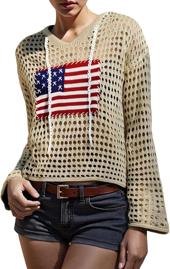 Women Open Knit Crochet Sweater Top American Flag Patriotic Hollow Out Long-Sleeve Hooded Beach C... | Amazon (US)