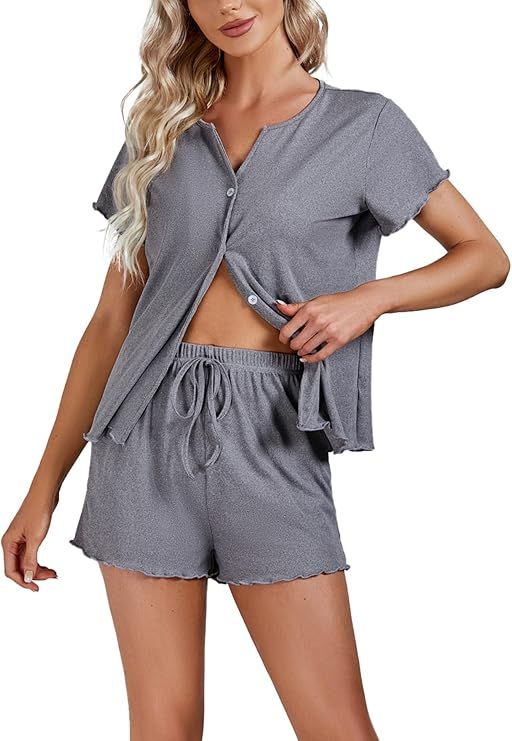 OPOIPIN Women's Button Down Pajamas Ribbed Knit V Neck T-shirt with Shorts Sleepwear Nightwear Pj... | Amazon (US)