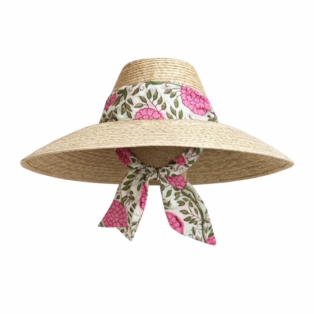Hollyhock Sun Hat in Pink Marigold Block Print Hat Scarf | Over The Moon