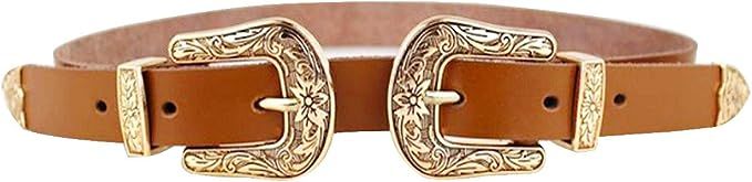 CLARA Women Vintage Western Waist Belt Double Buckle Belt PU Leather Waistband for Jeans Dress | Amazon (US)