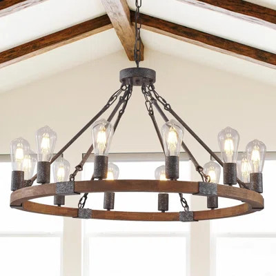 Farmhouse Wagon Wheel Chandelier - Rustic Wooden Pendant Light Fixture With 12 Lights For Dining Room, Living Room, Entryway, Foyer | Wayfair North America