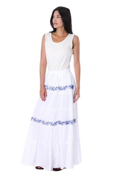 White Cotton Long Skirt with Blue Embroidered Floral Pattern | NOVICA