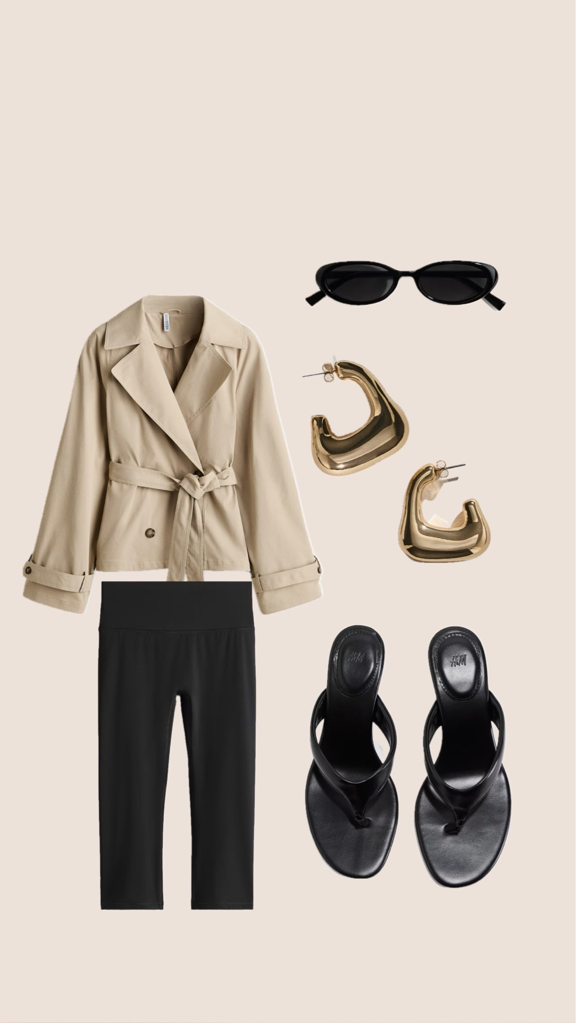 The perfect minimalist outfit for late summer, city days, and effortless travel. Featuring black capri leggings, a cropped beige trench jacket, black thong sandals, oversized gold hoop earrings, sleek sunglasses, and a timeless neutral color palette.

#LTKFashionMonth #LTKsummer