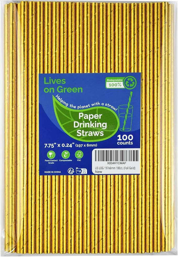 7.75 inch Compostable Gold Paper Straws 100 Counts - for Drinking, Cocktails, Party, Wedding, Dec... | Amazon (US)