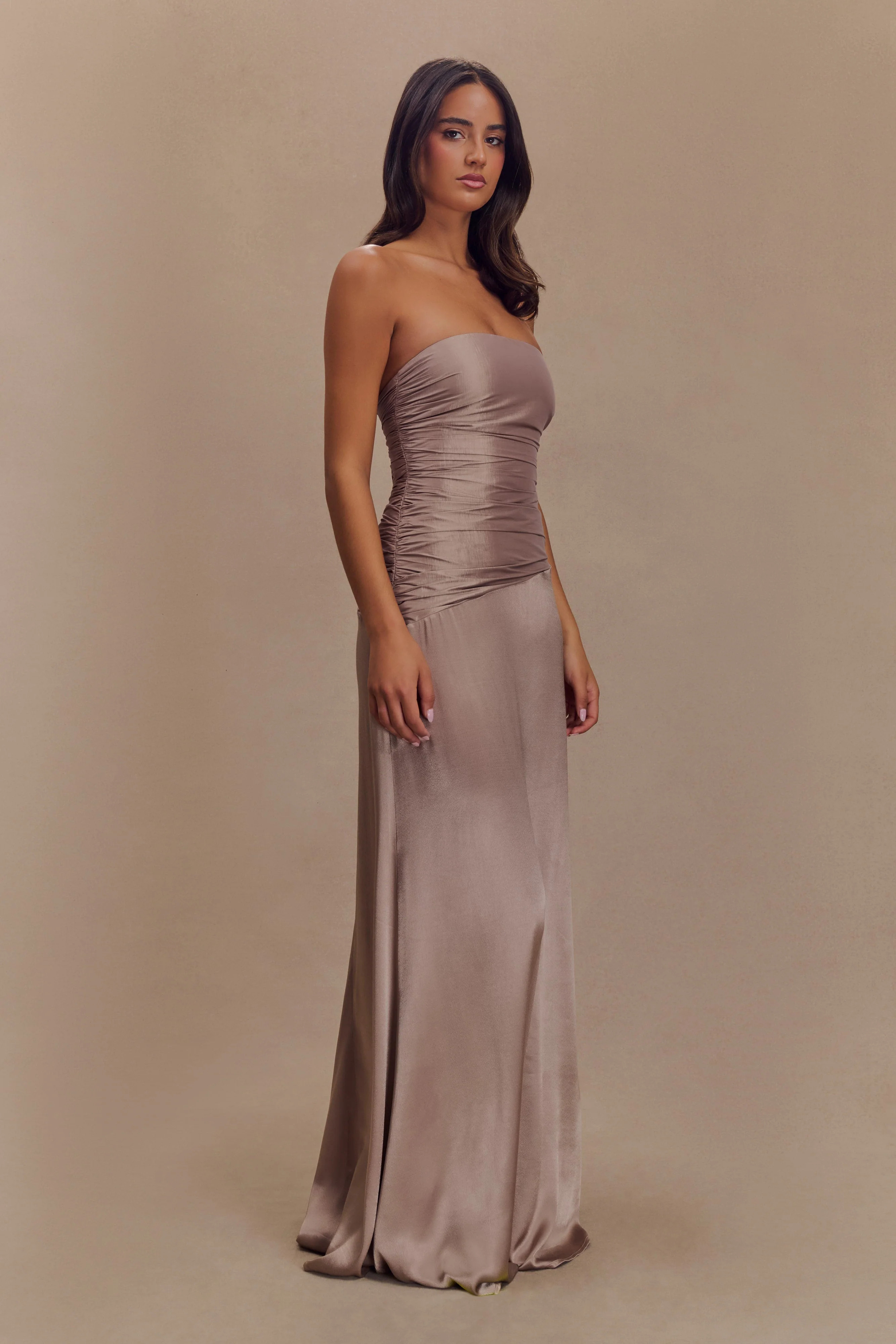 Serena Strapless Taffeta Maxi Dress - Bronze Taupe | MESHKI US