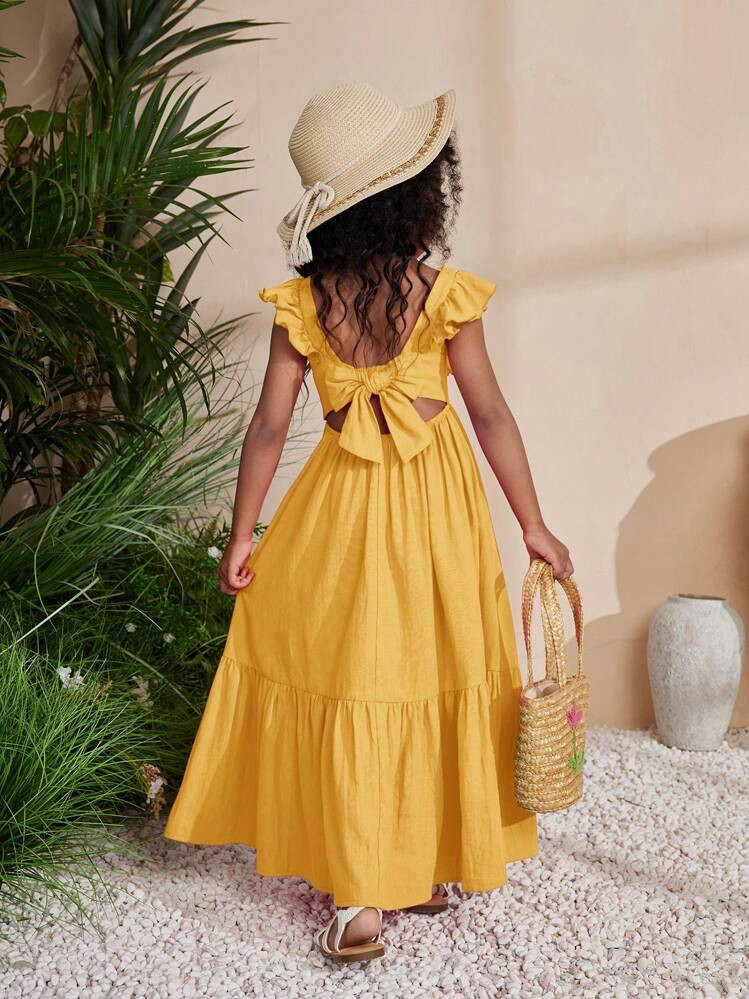 SHEIN Young Girl Chiccola Music Festival Woven Solid Color Square Neck Sleeveless Dress | SHEIN