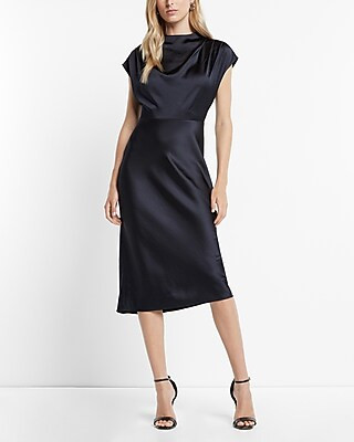 Satin Draped Cowl Neck Midi Sheath Dress | Express