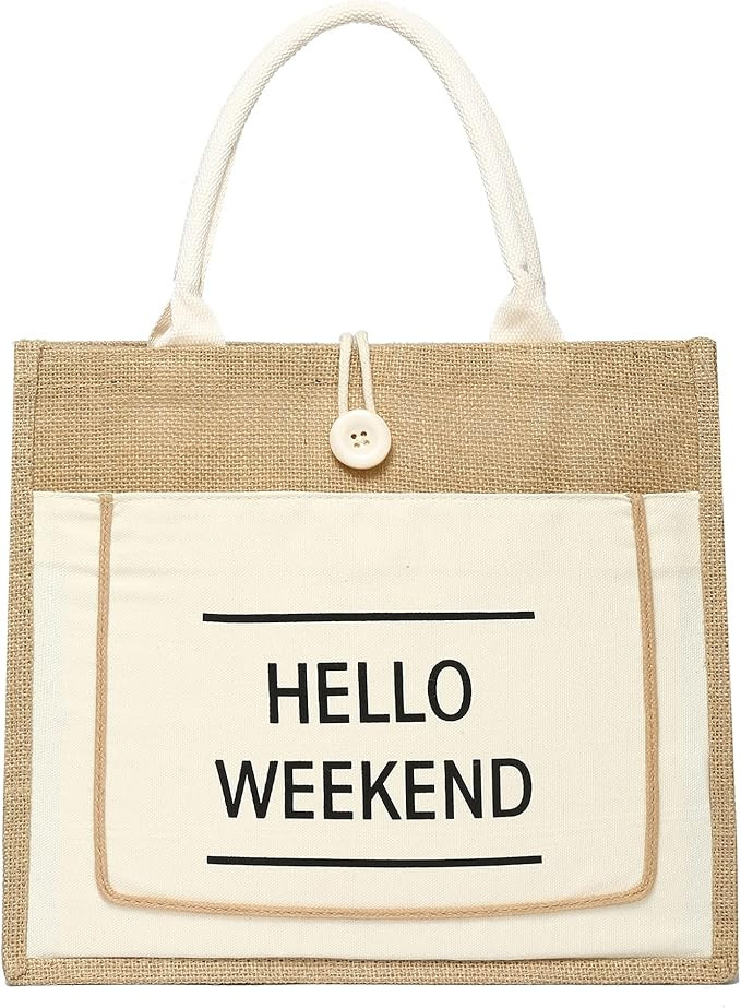 JOLLQUE Jute Beach Tote for Women, Reusable Grocery Shopping Bag with Handle. | Amazon (US)