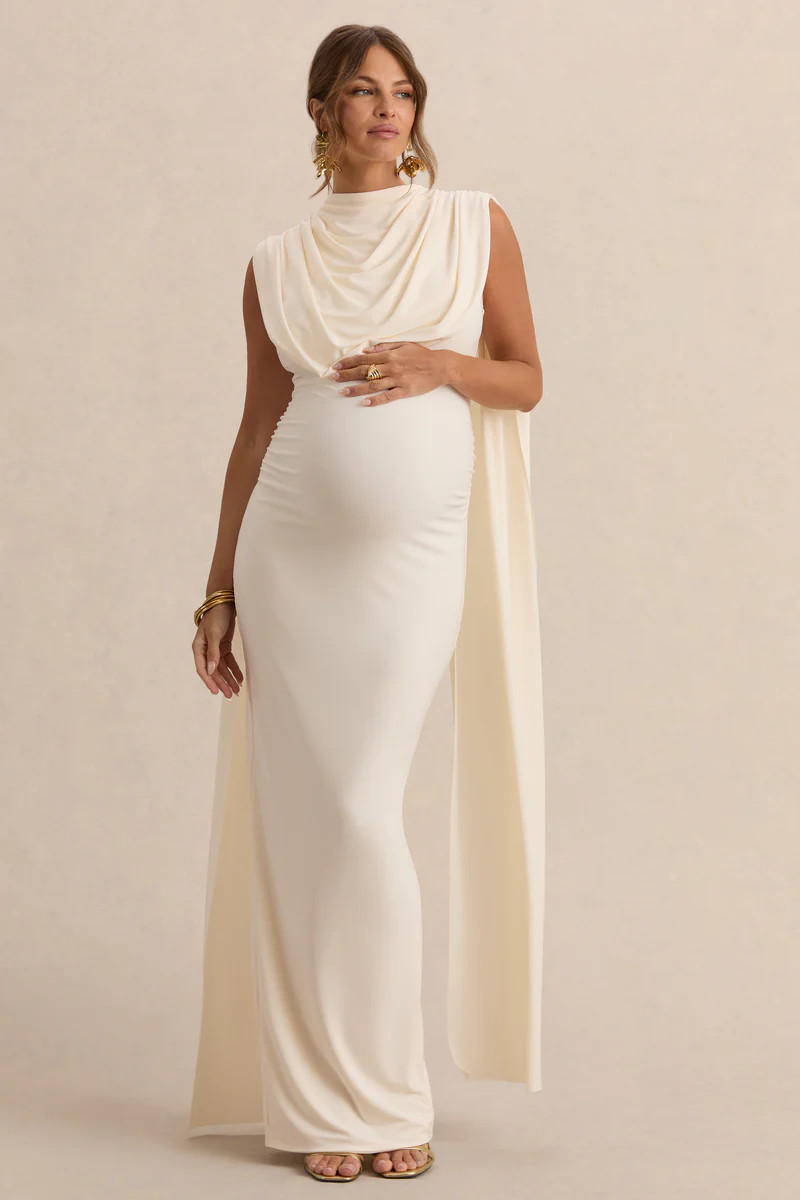 Belva  Cream Round-Neck Maternity Maxi Dress With Cape Detail | Club L London