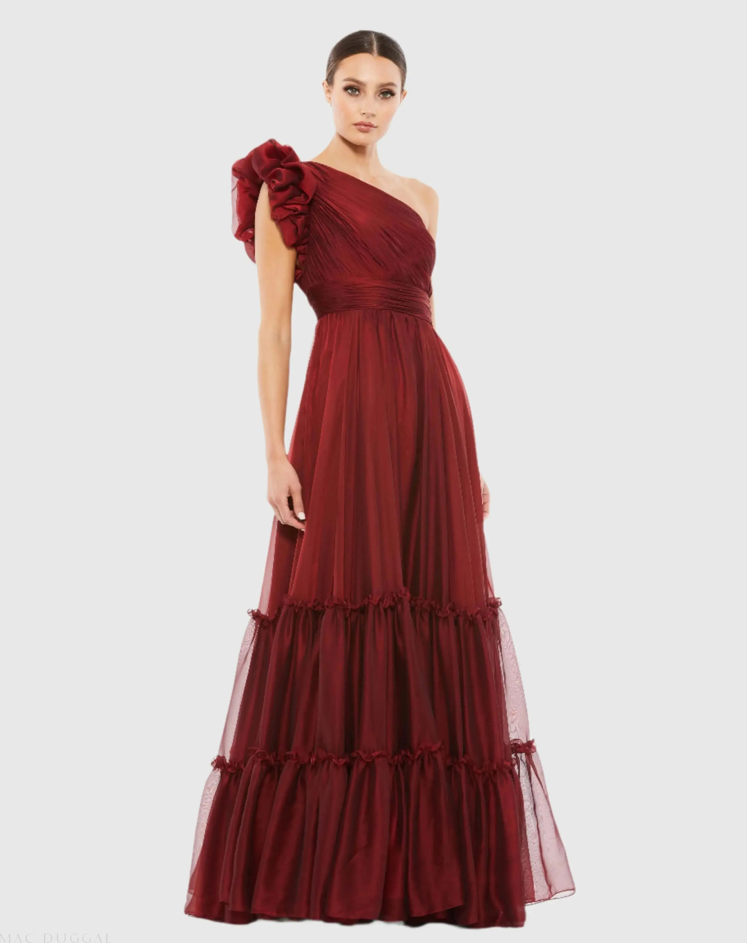 Mac Duggal - Red Organza One Shoulder Pleated Gown - US 2 | Mac Duggal