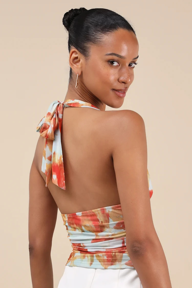 Ayaka Light Blue and Orange Abstract Mesh Halter Top | Lulus