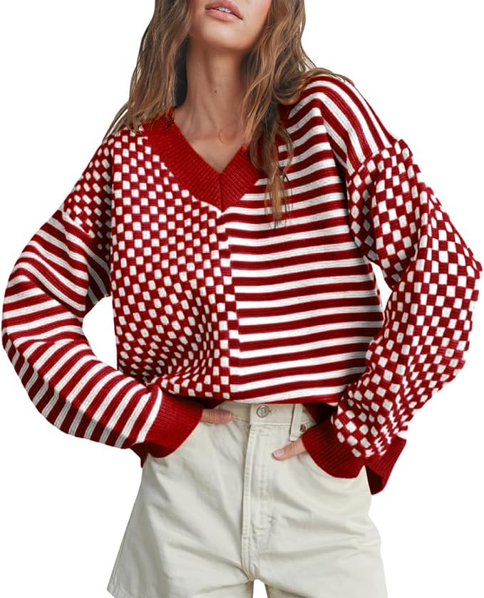 Women's Striped Checkered Sweater Oversize Knit V Neck Sweaters Casual Long Sleeve Pullover Tops ... | Amazon (US)