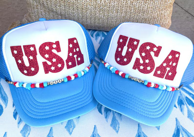 USA trucker hat, smiley face trucker hat, Happystacks trucker hat, America trucker hat, Fourth of... | Etsy (US)