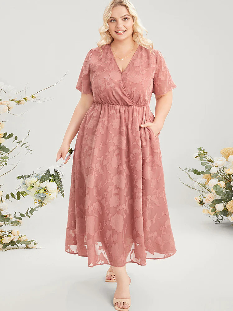 Plain Surplice Neck Split Mesh Pocket Ruffles Dress | Bloomchic