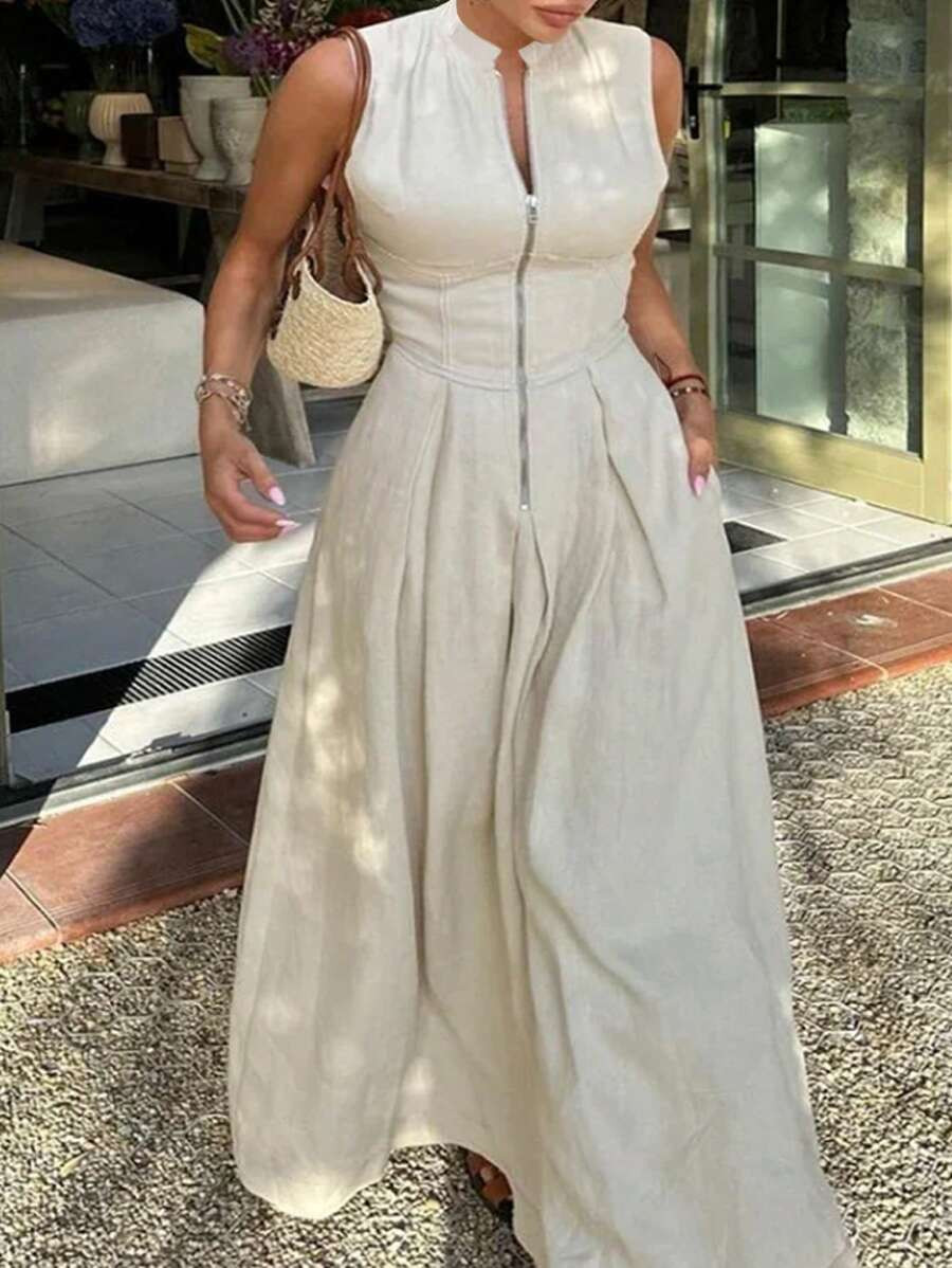 INAWLY Solva Plus Size Solid Color Front Zip Up Sleeveless Casual Long Dress | SHEIN