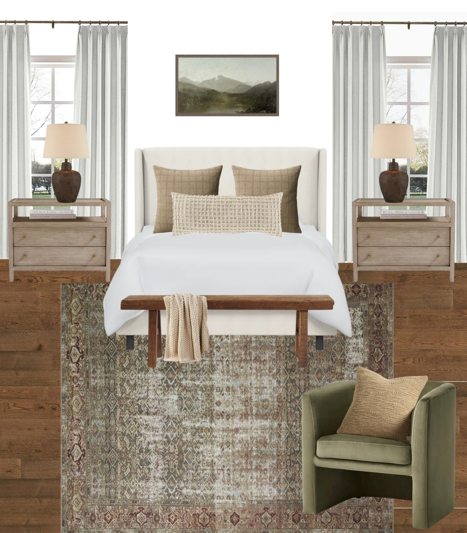 Warm neutral primary bedroom.

Tilly upholstered bed / Keane nightstand / loloi area rug / natural wood rustic bench / Vernon barrel chair / Target Threshold / twopages curtains

#LTKhome #LTKsalealert #LTKstyletip