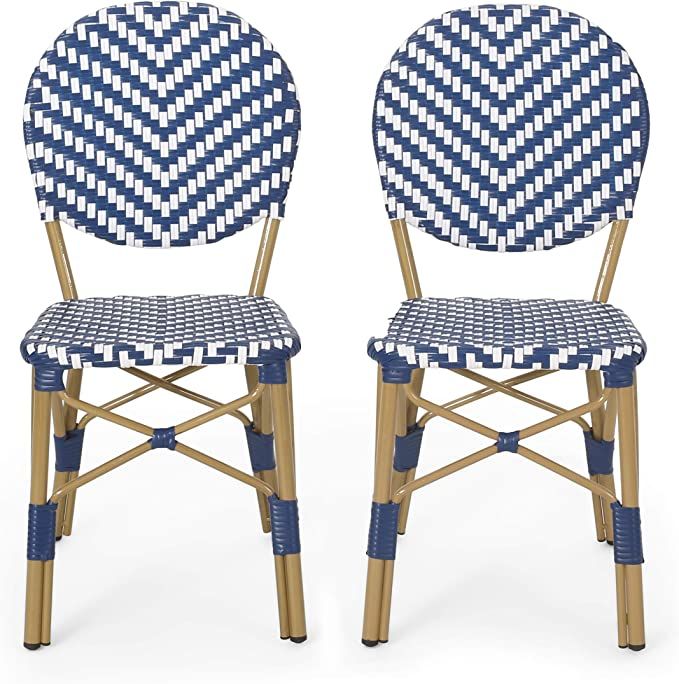 Christopher Knight Home 314440 Picardy Outdoor Bistro Chair, Navy Blue + White + Bamboo Finish | Amazon (US)