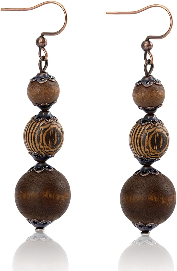 Wooden Beaded Dangle Earrings, Three Wood Beaded Dangle Drop Earrings Handmade Nature Vintage Boh... | Amazon (CA)