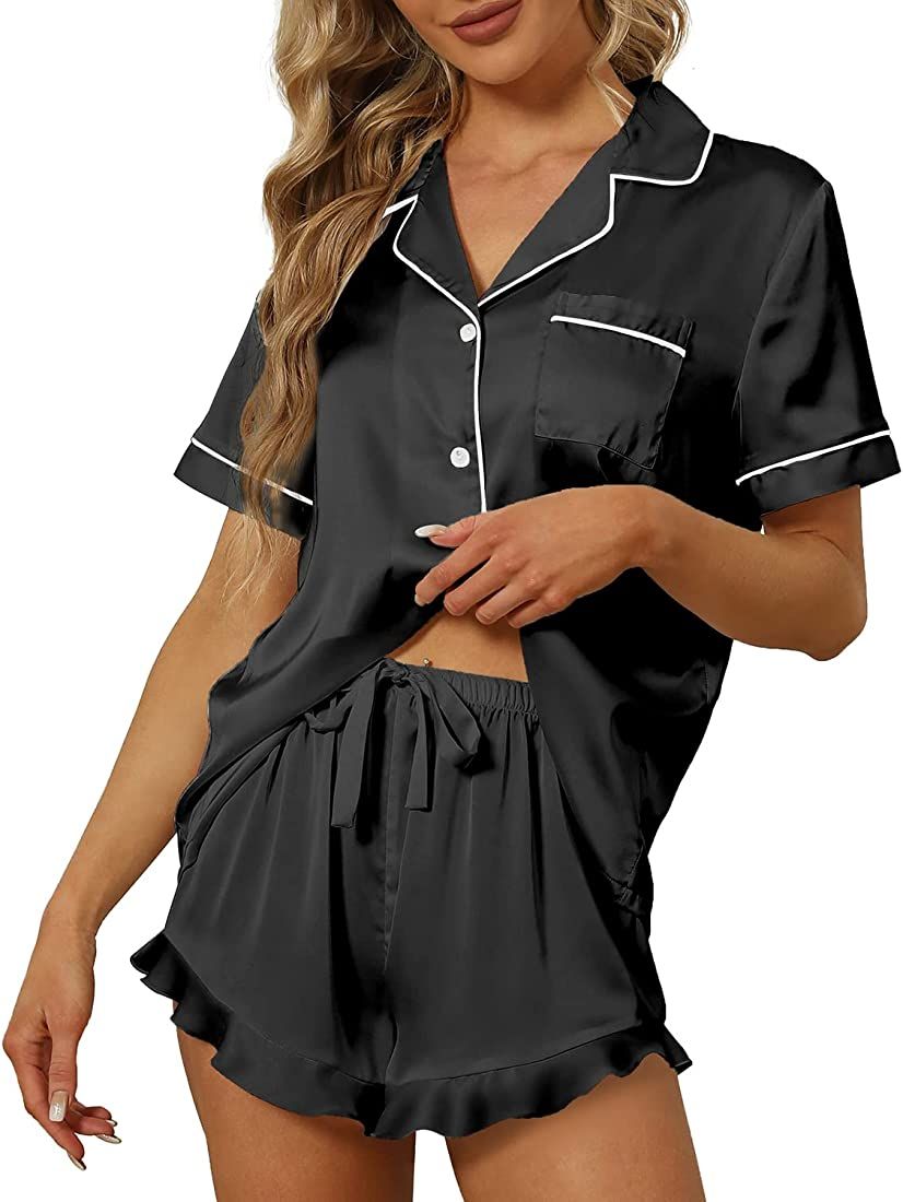 SAPJON Satin Silk Pajamas for Women 2Pcs Ruffle Notch Collar Sleepwear Button Down Short Sleeve Shor | Amazon (US)