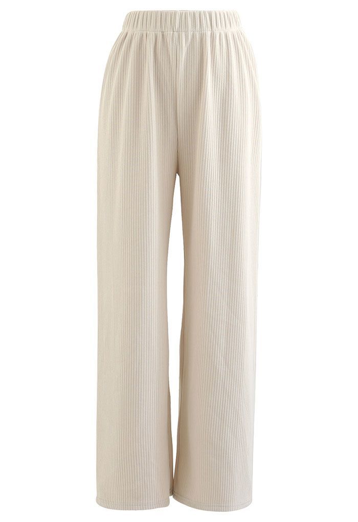 Straight Leg Ribbed Lounge Pants in Cream | Chicwish
