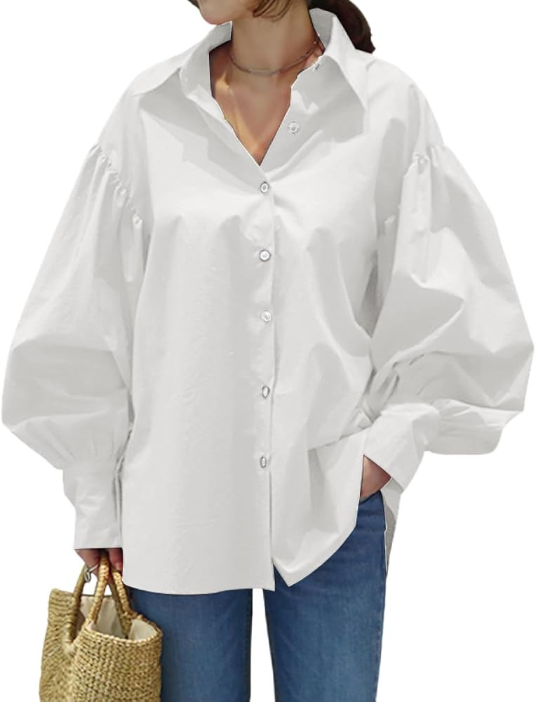 VNIRA Women\u2019s Lantern Sleeve Button Down Shirts Casual | Amazon (US)