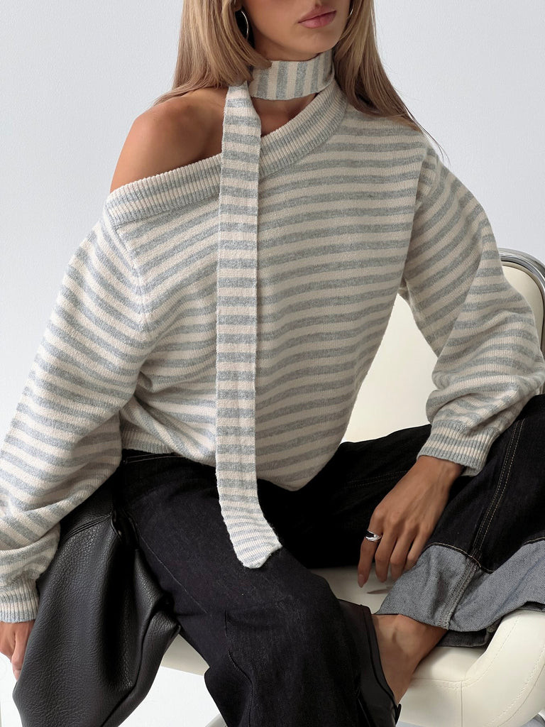Ruthi Scarf Off Shoulder Knit Sweater Neutral Stripe | Princess Polly US