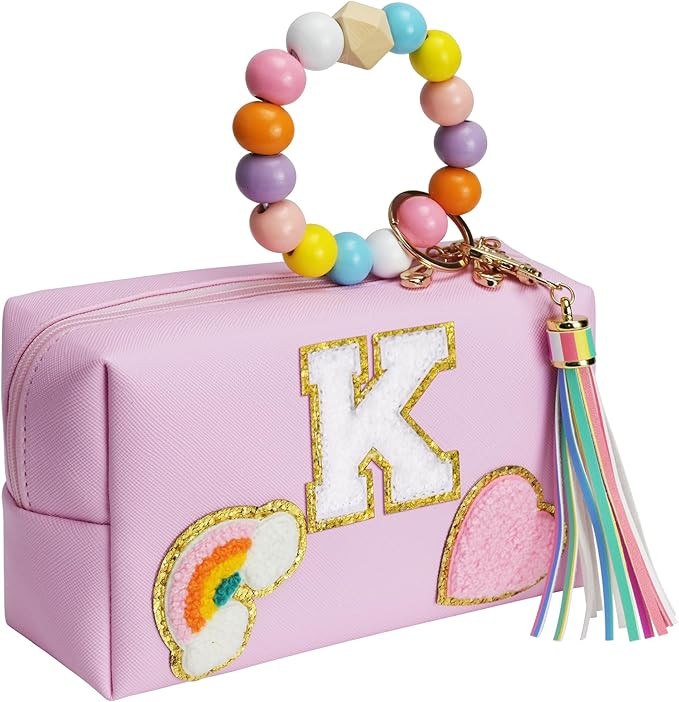 Elilier Initial Preppy Makeup Bag, Personalized Portable Monogram Cosmetic Bag with Keychain Brac... | Amazon (US)