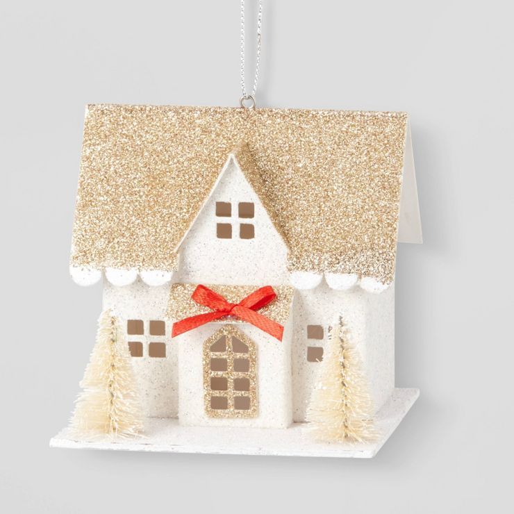 Paper House with White Sisal Trees & Gold Roof Christmas Tree Ornament - Wondershop™ | Target