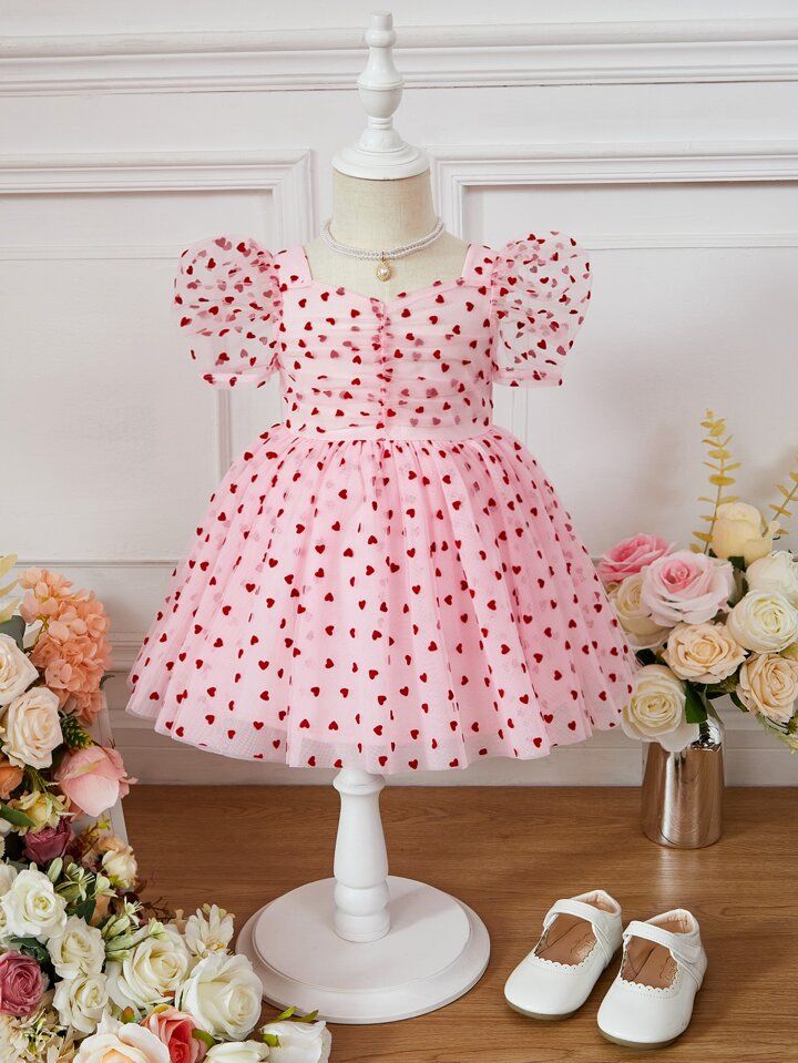 SHEIN Baby Girl Heart Print Puff Sleeve Ruched Sweetheart Neck Mesh Dress | SHEIN