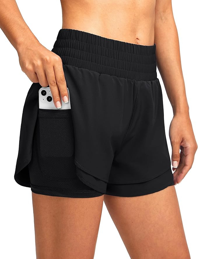 Soothfeel Women's 2 in 1 Running Shorts High Waisted Athletic Shorts Exercise Gym Workout Shorts ... | Amazon (US)