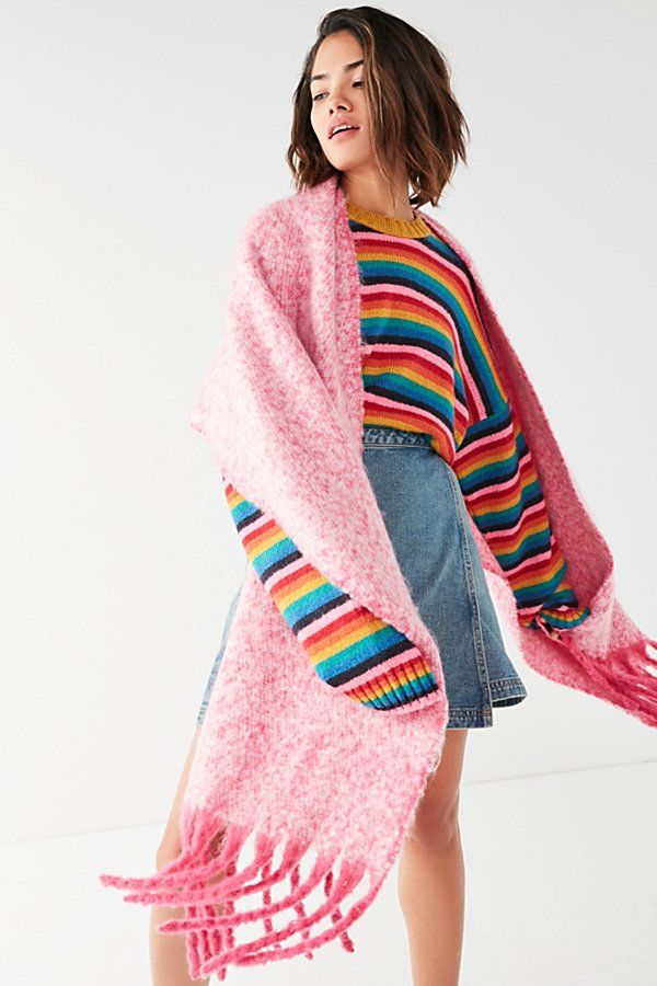 Nubby Contrast Fringe Woven Scarf - Pink One Size at Urban Outfitters | Urban Outfitters US