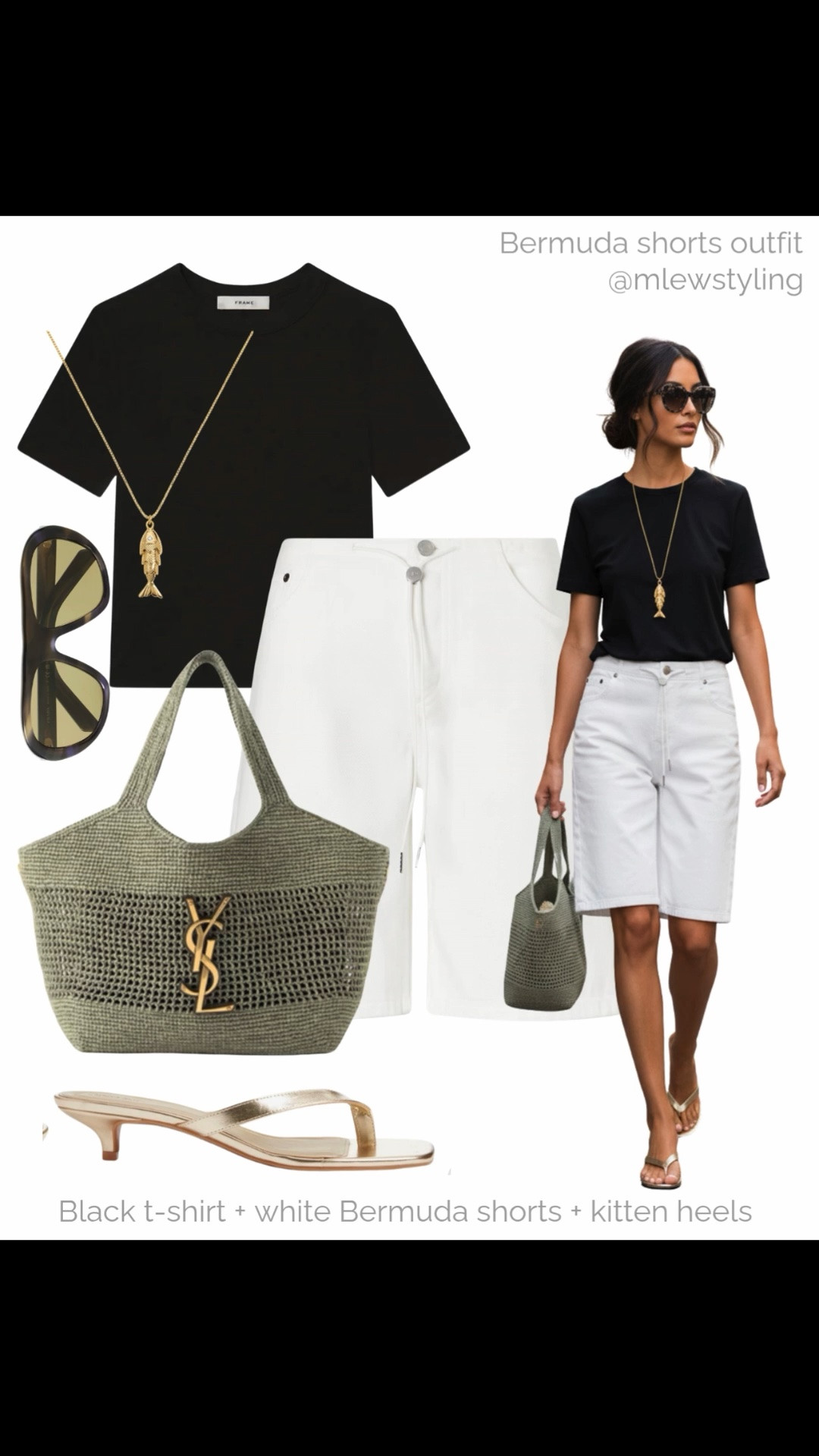 Elevated summer outfit 💫

Tags: black t-shirt, wardrobe basics, white denim Bermuda shorts, ysl beach bag, shield sunglasses, gold kitten heel sandals, fish pendant necklace, vacation outfit

#LTKsummer #LTKtravel #LTKbag