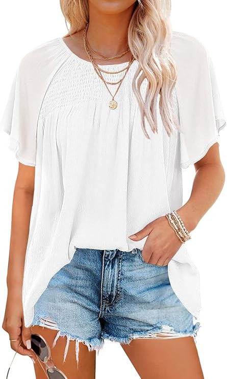MIHOLL Womens T Shirts Loose Casual Crewneck Flowy Short Sleeve Chiffon Blouses Tops | Amazon (US)