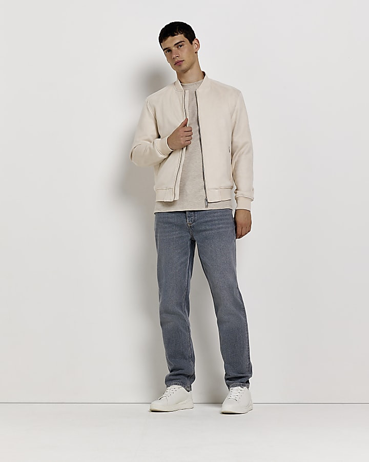 Stone Regular fit Suedette Bomber Jacket | River Island (UK & IE)