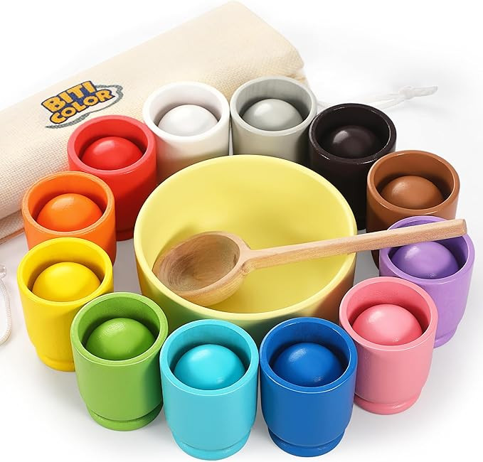 Ball in Cup Montessori Wooden Rainbow Color Sorting Toy for Toddlers - Preschool Color Matching -... | Amazon (US)