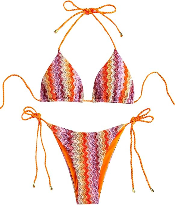 ZAFUL 2 Piece Triangle Bikini for Women Knitted Rope Halter Bikini Sets Sexy Bathing Suit Side Ti... | Amazon (US)