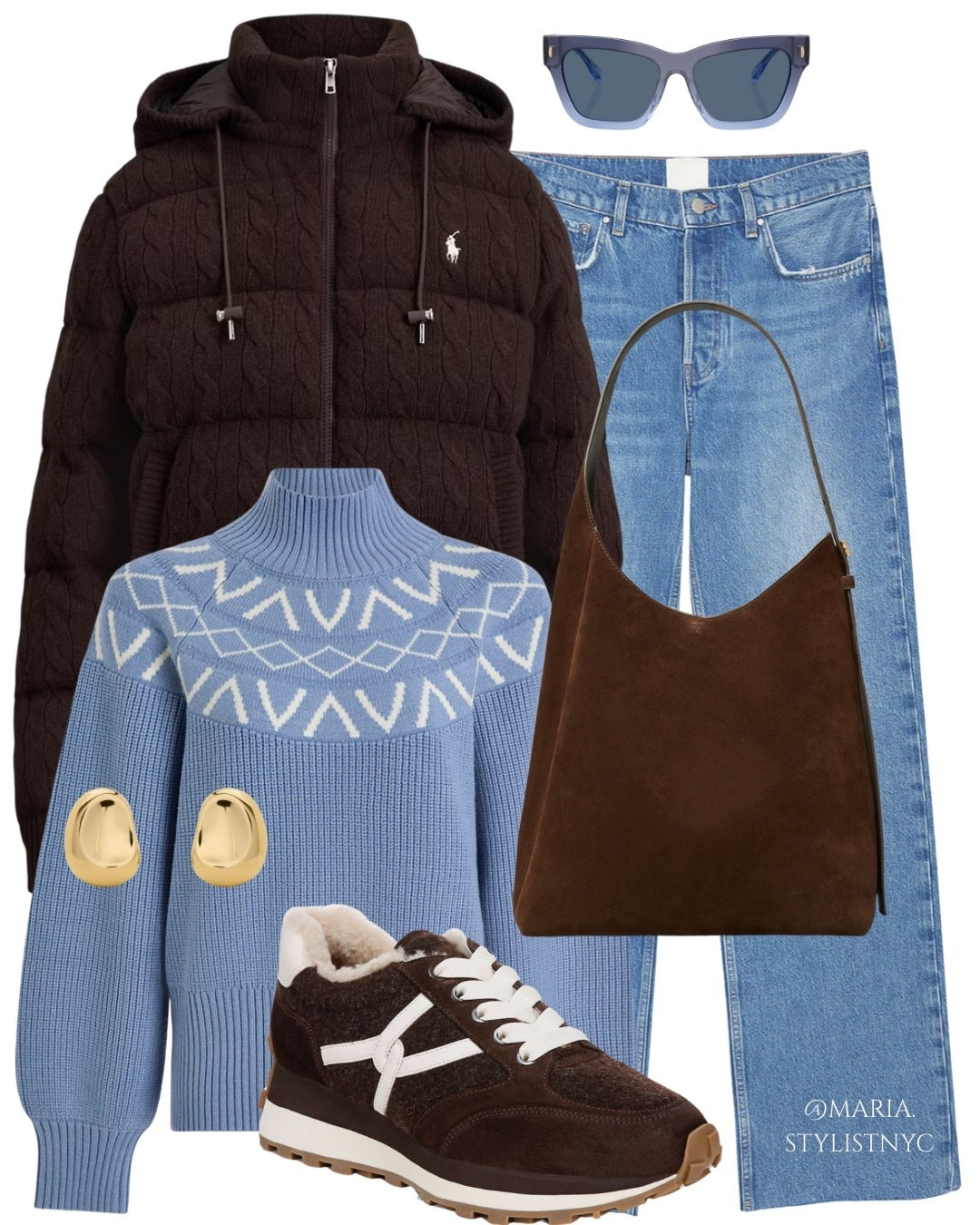 Cozy Winter Style 🩵🤎❄️
A brown cable-knit puffer jacket paired with a light blue Fair Isle turtleneck sweater, relaxed-fit blue jeans, and brown suede sneakers. Accessorized with a large brown suede bag, light blue sunglasses, and bold gold earrings.

#LTKSeasonal #LTKootd #LTKSaleAlert