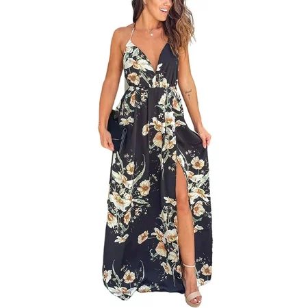 Avamo Women Casual Spaghetti Strap Maxi Dresses Floral Print Backless Long Dress Ladies V Neck Holid | Walmart (US)