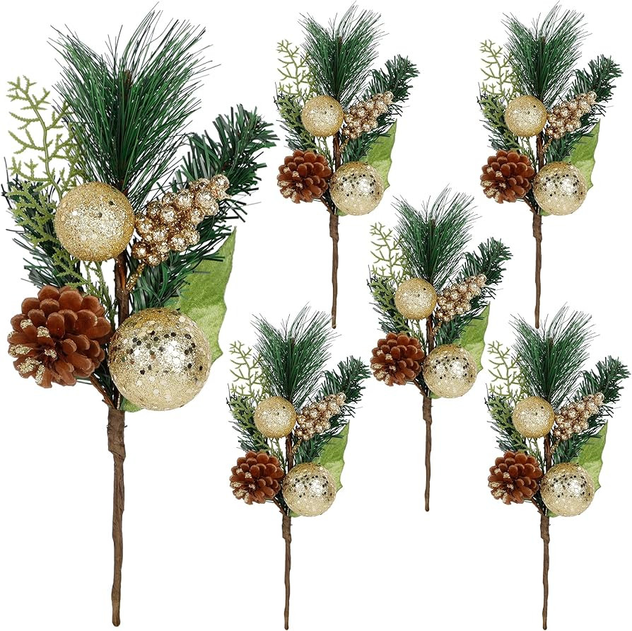 DR.DUDU Christmas Tree Ornaments 6 Pcs 12'' Gold Picks and Sprays with Brown Pine Cone Green Poin... | Amazon (US)