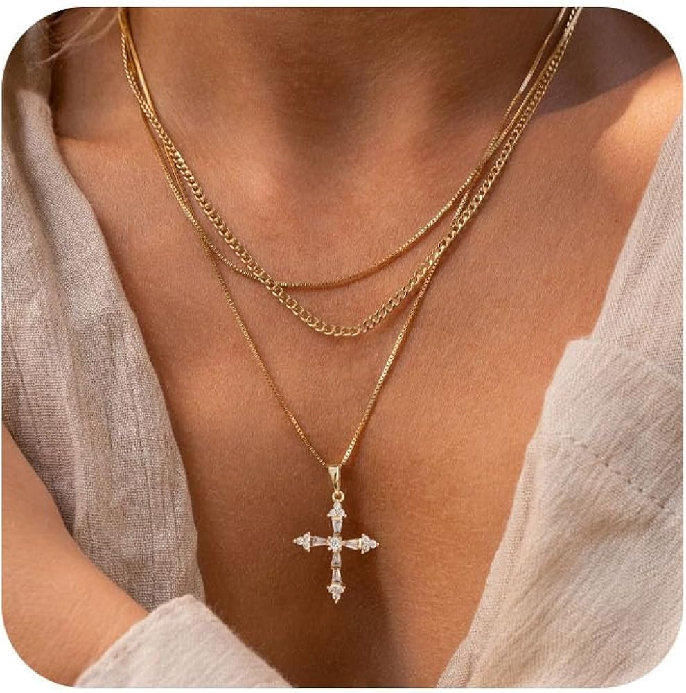 Cross Necklace For Women,Dainty 14K Gold Plated Layered Choker Necklace Fashion Cross Chain Neckl... | Amazon (US)