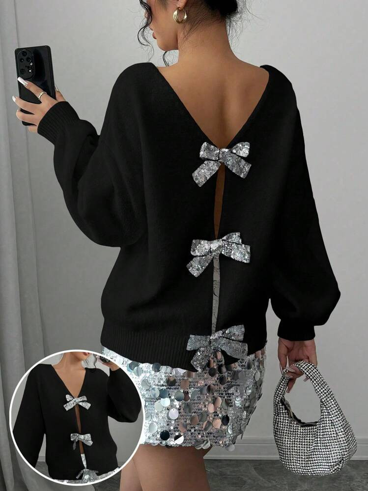 SHEIN Raffinéa Casual Bowknot Open Back Women's Loose Knit Sweater, Autumn/Winter,Long Sleeve To... | SHEIN