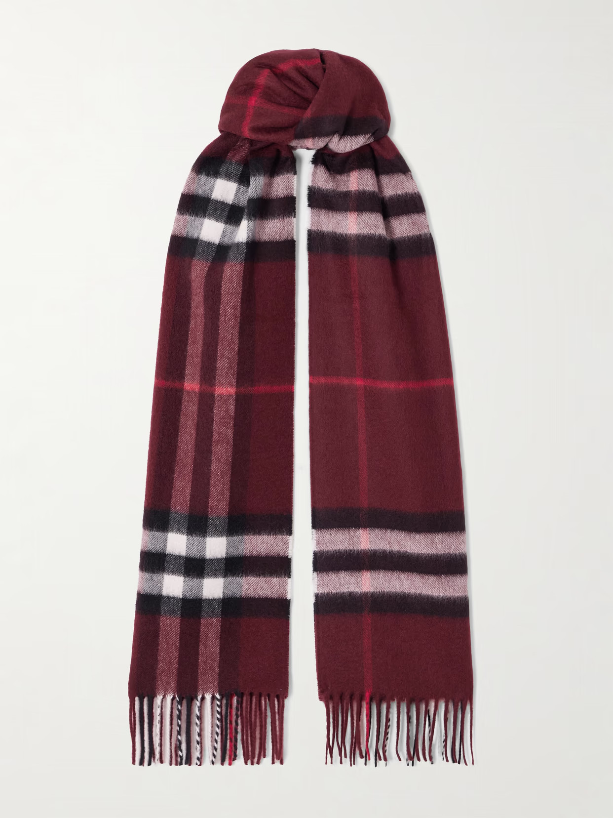 Burberry - Fringed Checked Cashmere Scarf - Burgundy | NET-A-PORTER (UK & EU)
