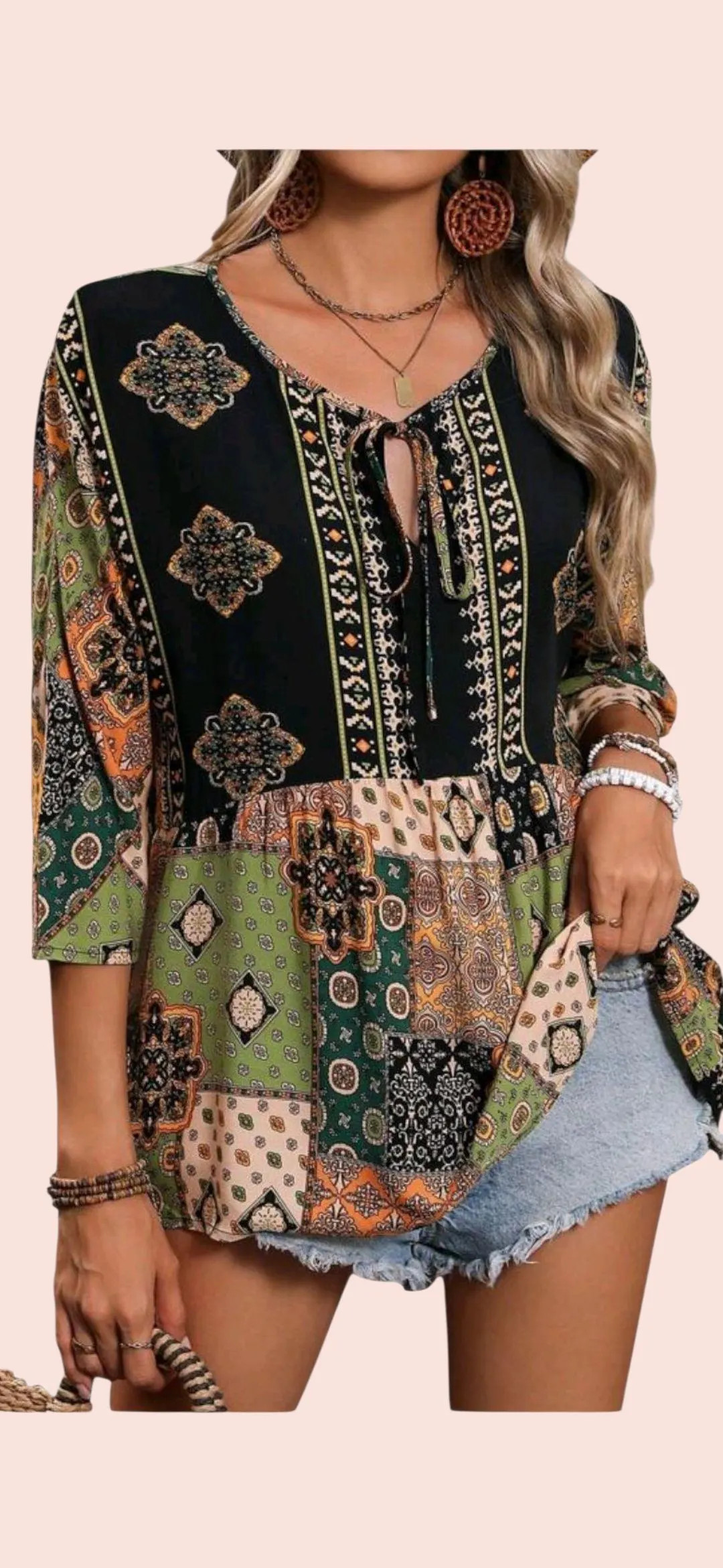 Boho (XL) Women's Multi-color Patchwork Shirt with 3/4 Sleeve Peplum Top With Tie Front. | Etsy (US)