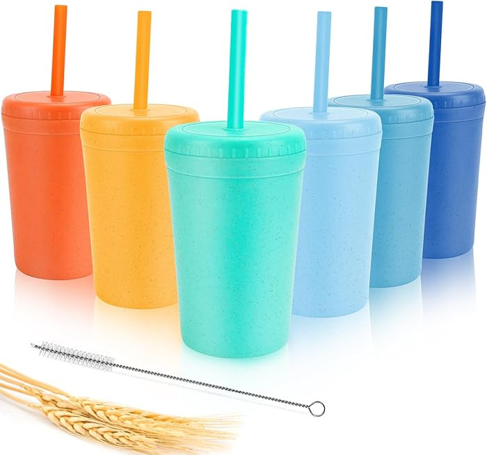 10 oz Wheat Straw Cups with Lids and Silicone Straws, Unbreakable Drinking Glasses, Plastic Cups ... | Amazon (US)