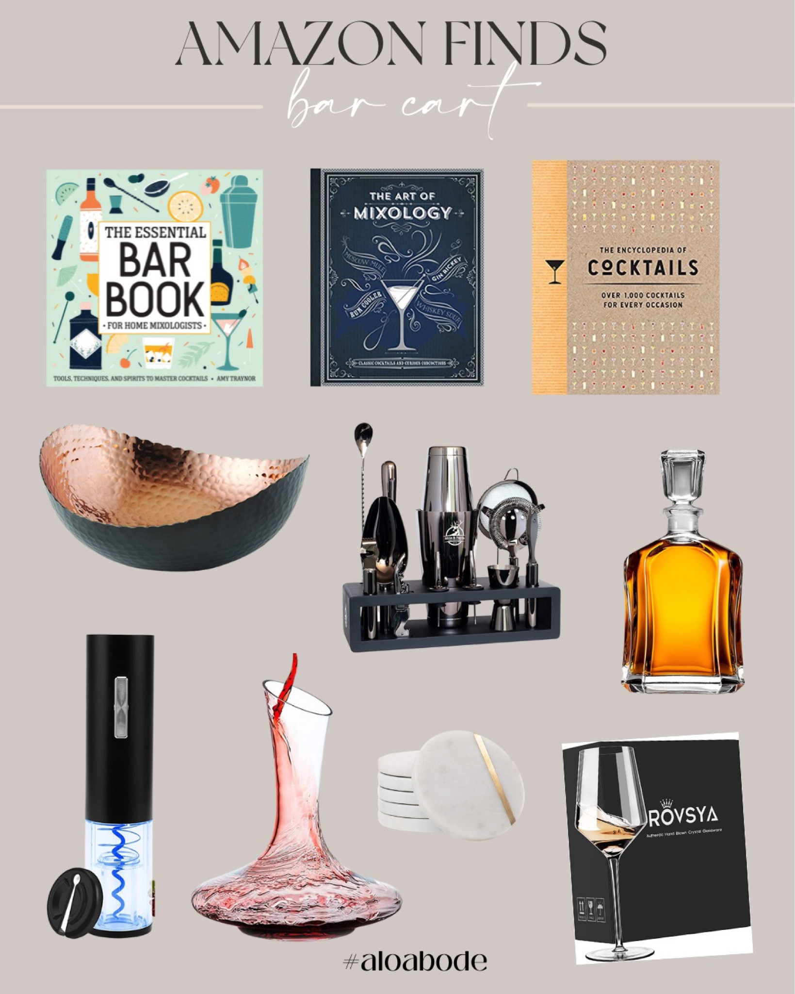 Amazon barware // bar cart, home bar, barware, glassware, wine glasses, decanter, whiskey decanter, cocktail mixing set, cocktail shaker, wine cork opener, bar decor, cocktail books, marble coasters, wet bar, dry bar, home decor, modern decor

#LTKhome