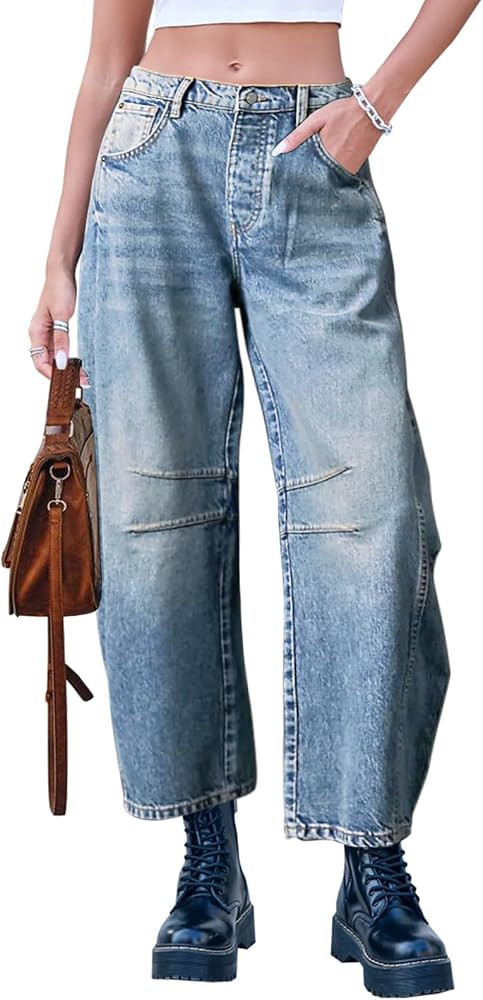 Dokuritu Baggy Jeans for Woman Wide Leg Mid-Rise Denim Ankle Pants Boyfriend Jeans with Pockets | Amazon (US)