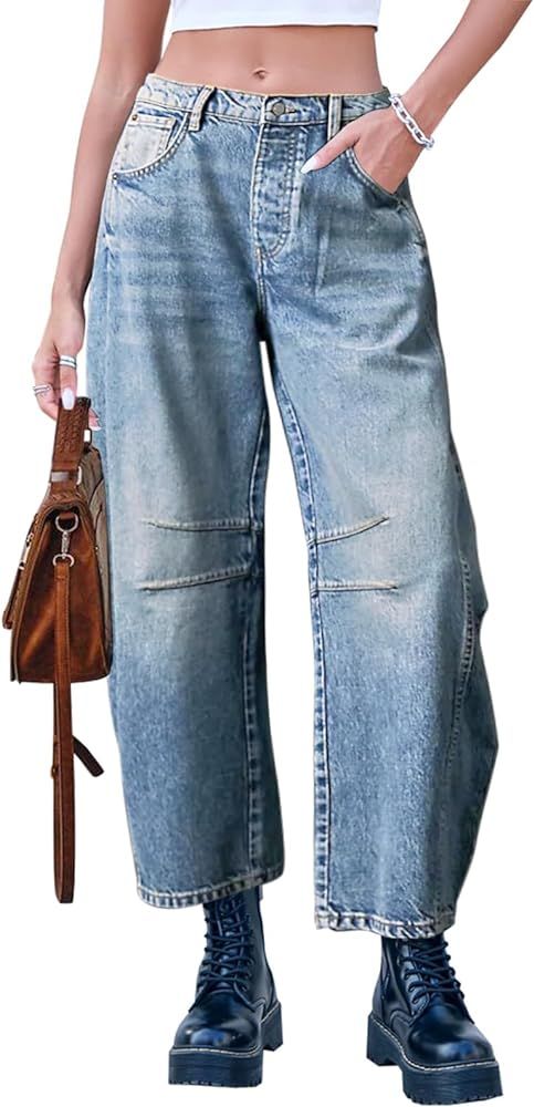 Dokuritu Baggy Jeans for Woman Wide Leg Mid-Rise Denim Ankle Pants Y2k Barrel Boyfriend Jeans wit... | Amazon (US)
