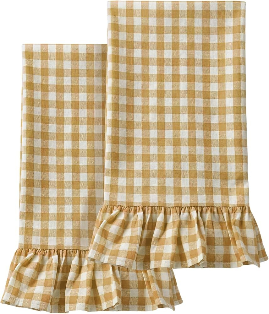 HunnmingRe Yellow Kitchen Towels Set of 2, 100% Cotton Ruffled Gingham Dish Towels 18"x28" Absorb... | Amazon (US)