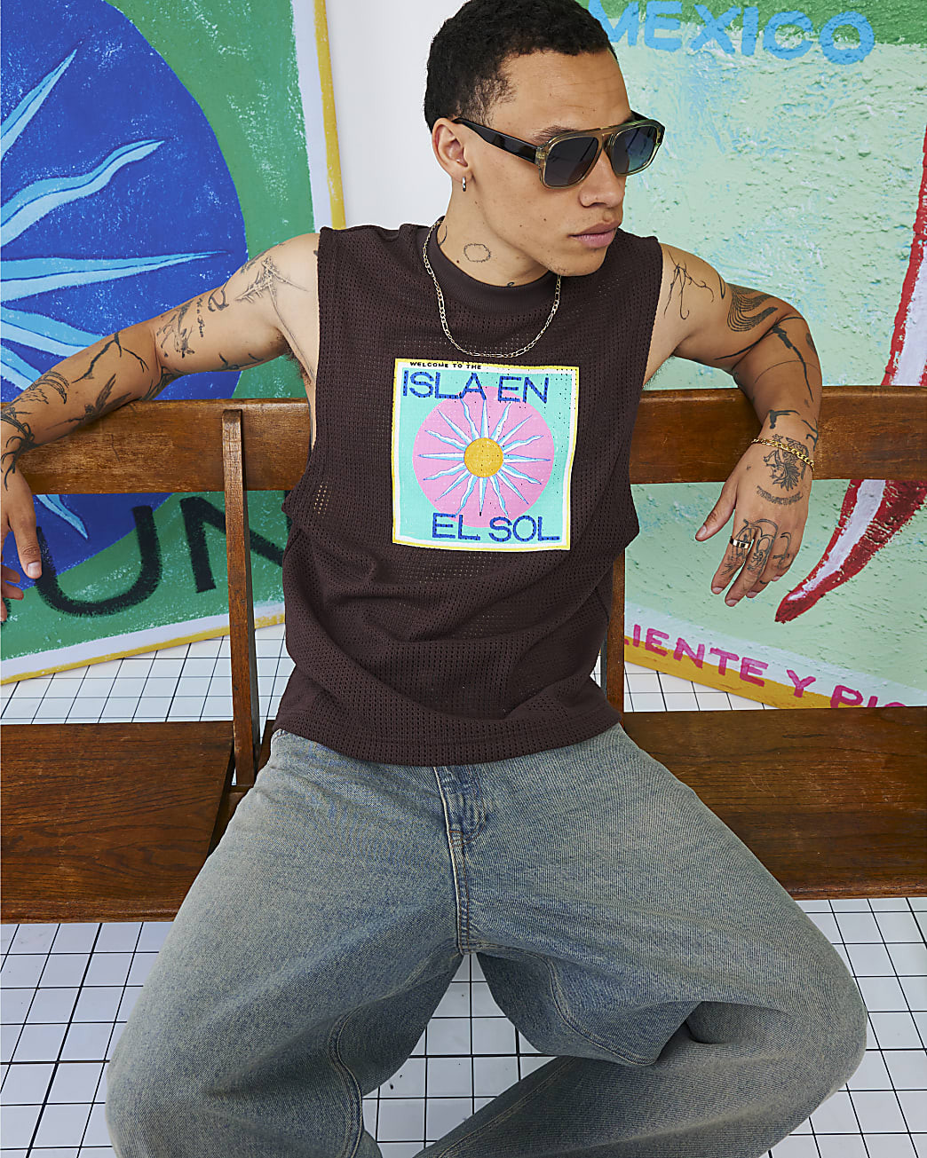 Brown Atlas Crochet Graphic Tank Top | River Island UK & IE